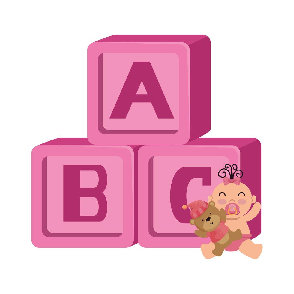 juguetes de bloques de letras con una niña y un oso de peluche vector