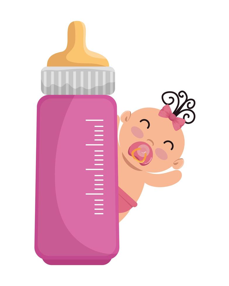 cute little baby girl with bottle milk character vector