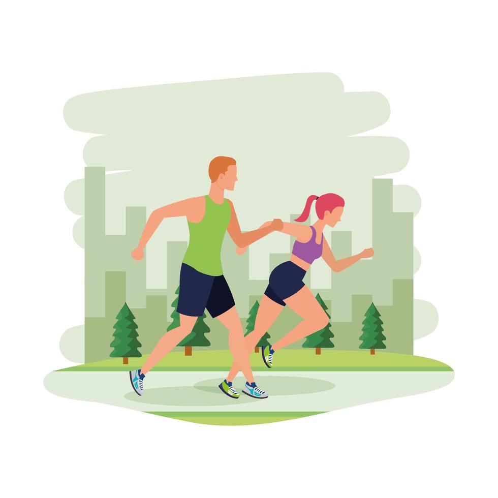 young athletic couple running in the park vector