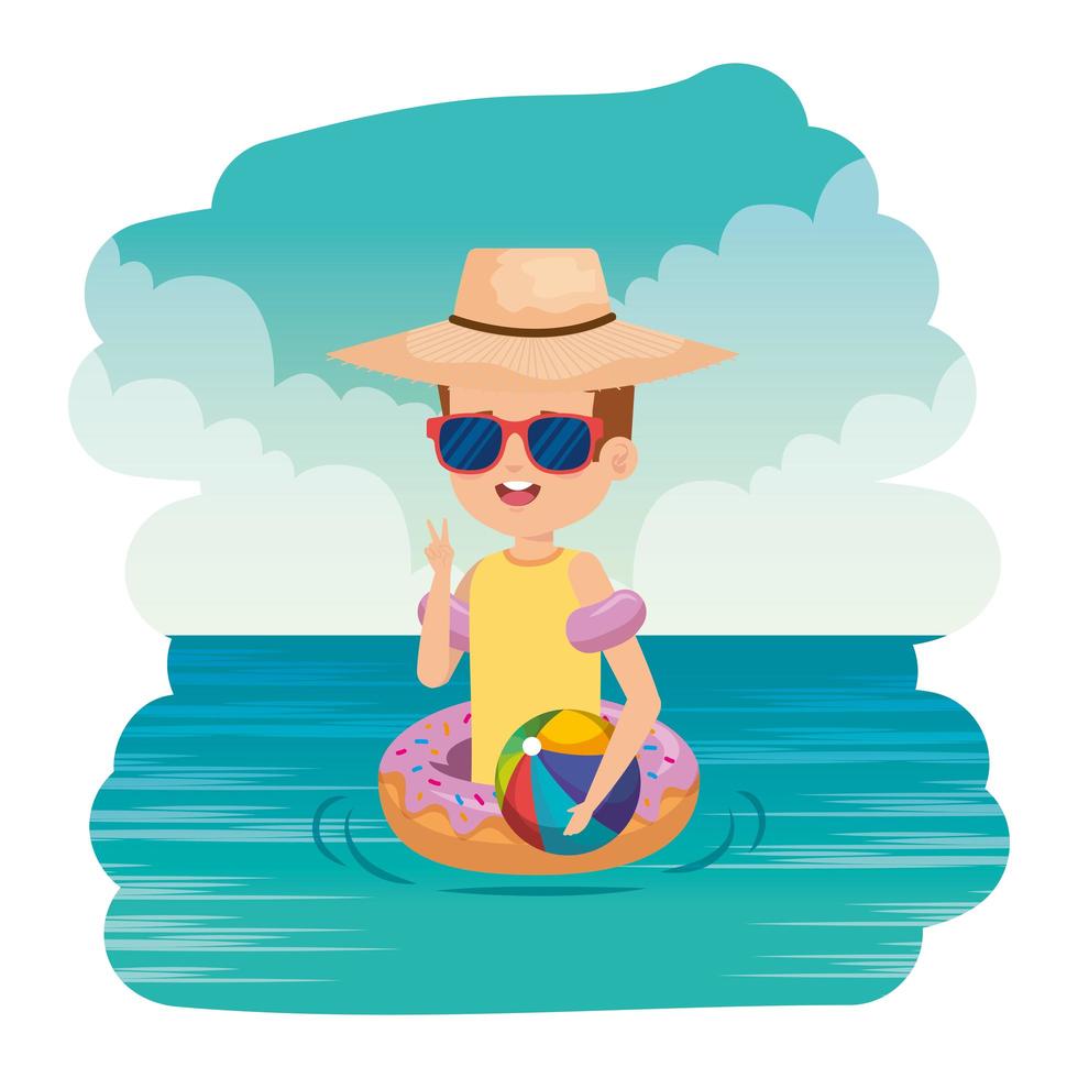 cute little boy with donut float and beach balloon on the sea vector