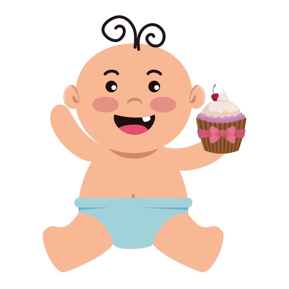lindo bebé niño con dulce cupcake vector