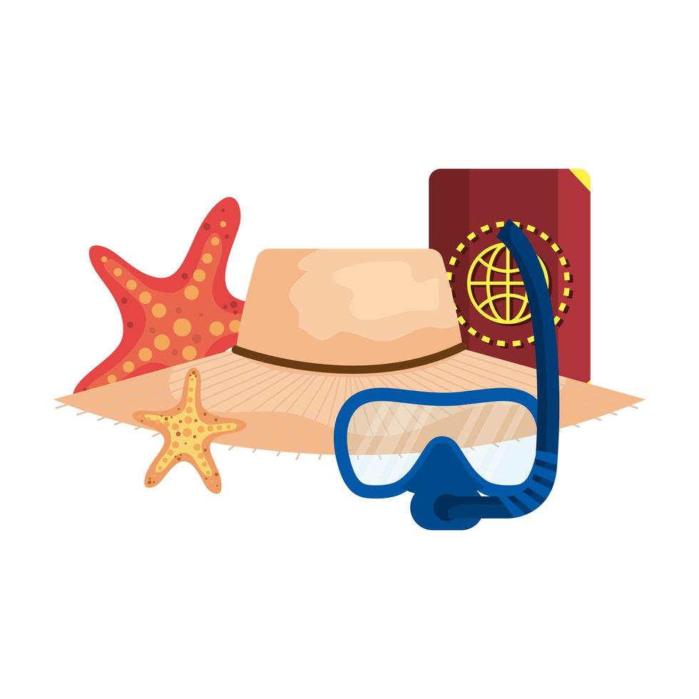 diving snorkel mask and passport with straw hat vector