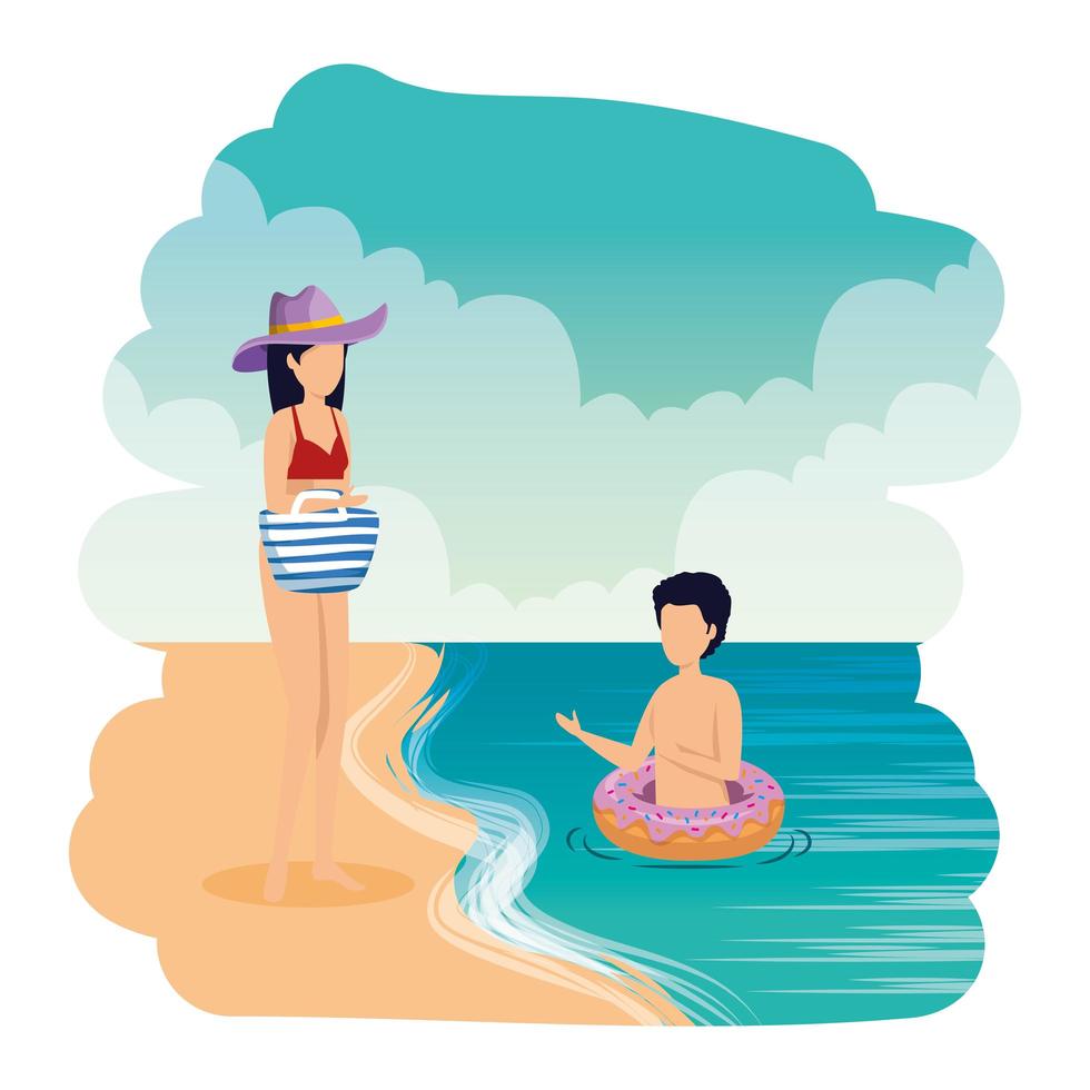 young couple with float and handbag on the beach vector