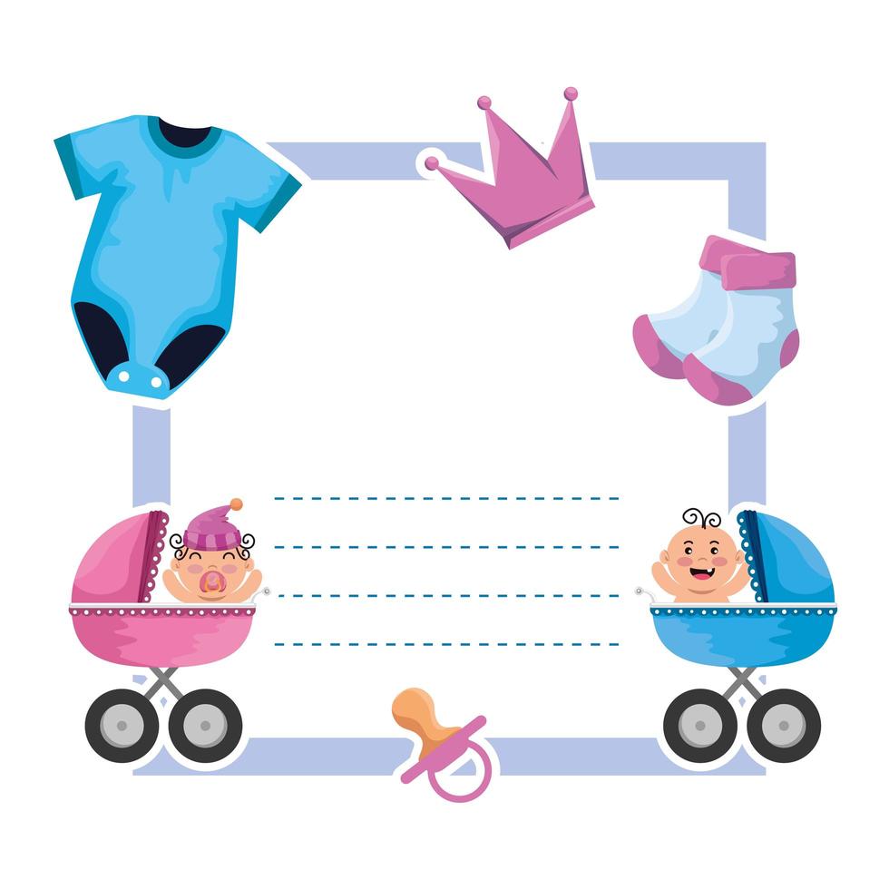 tarjeta de baby shower con ropa y carritos. vector