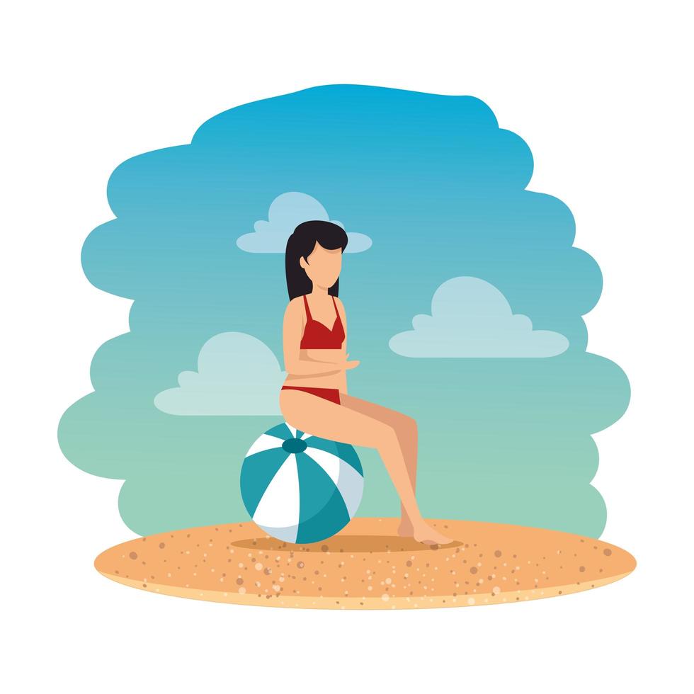 Mujer con traje de baño sentada en globo en la playa vector