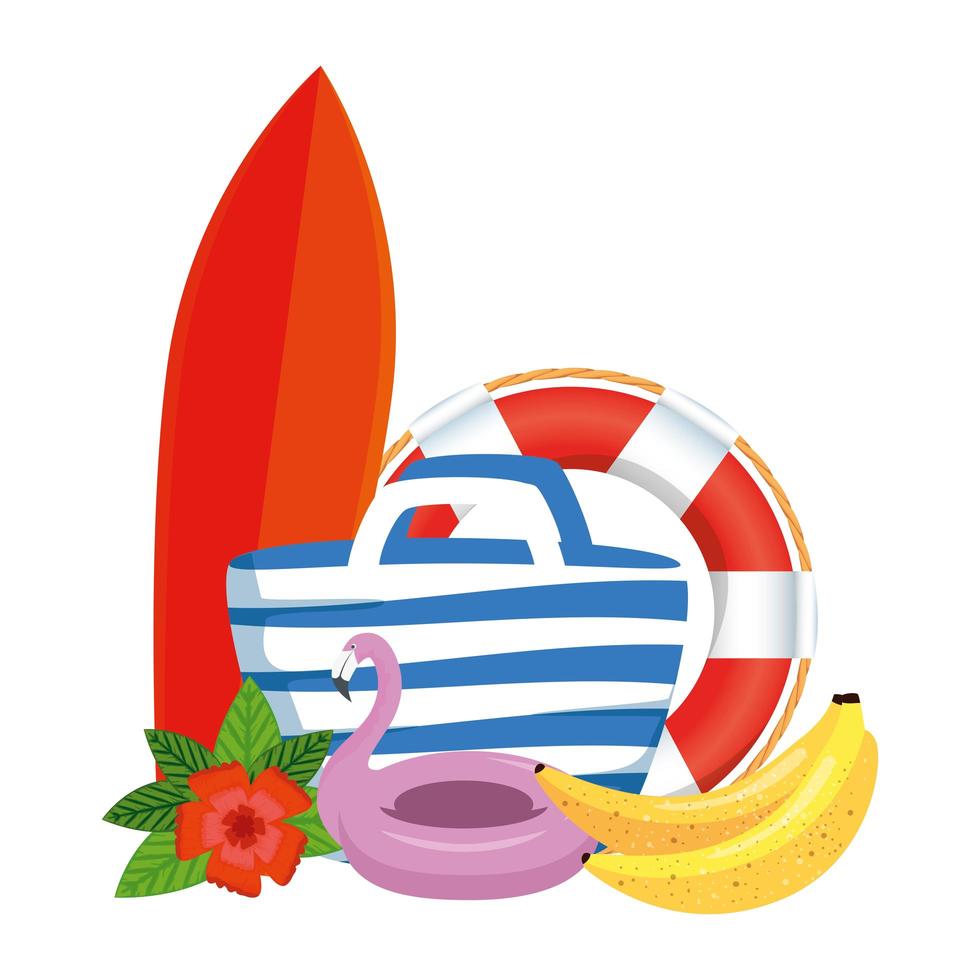 beach bag with surfboard and summer icons vector