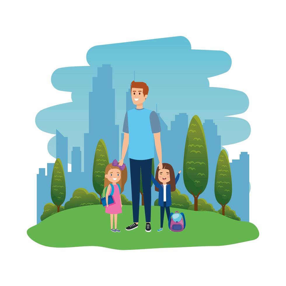 happy students girls with male teacher in the landscape vector