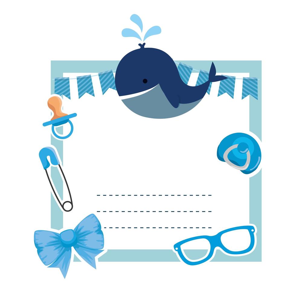 baby shower card with whale and supplies vector