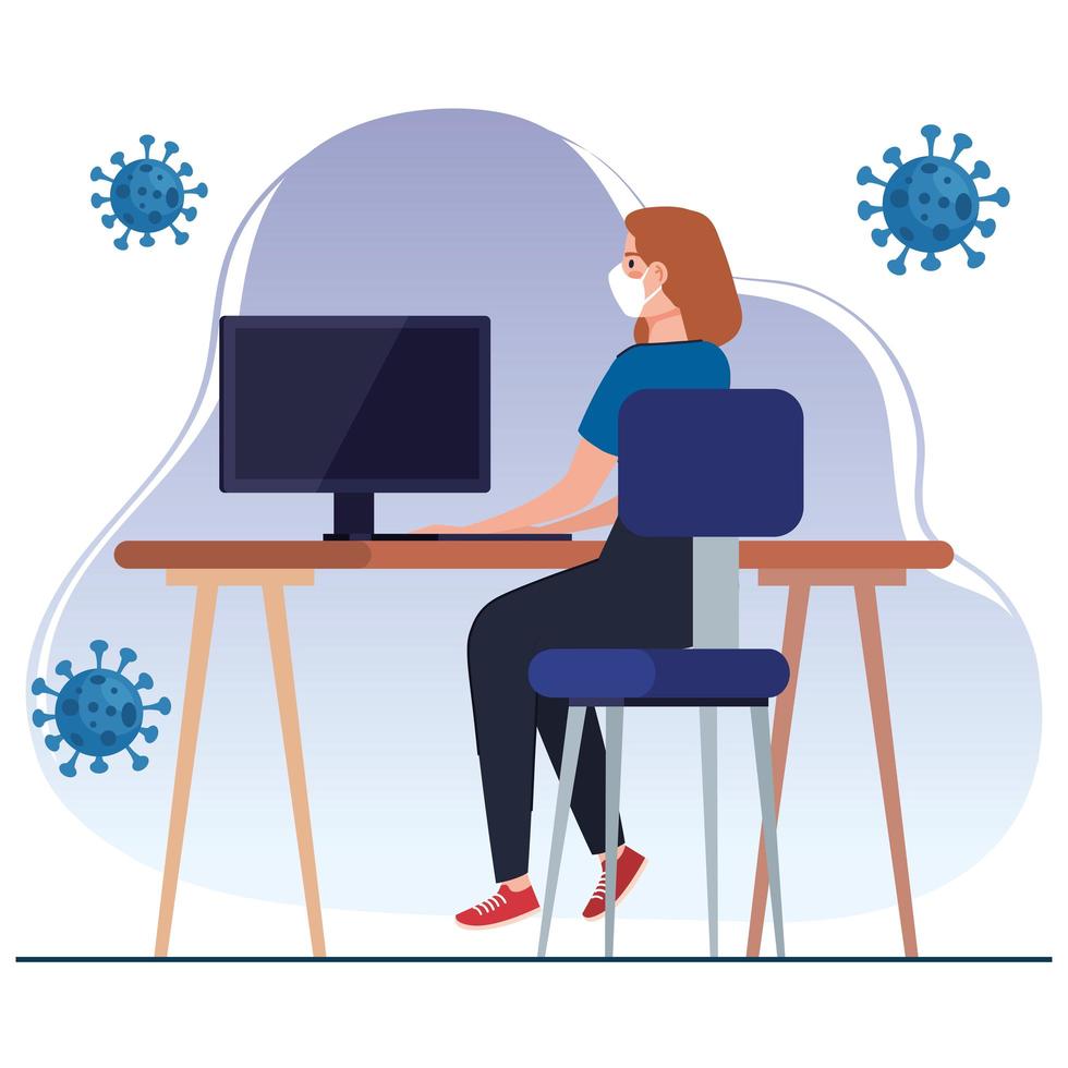 New normal of woman with mask at desk vector design