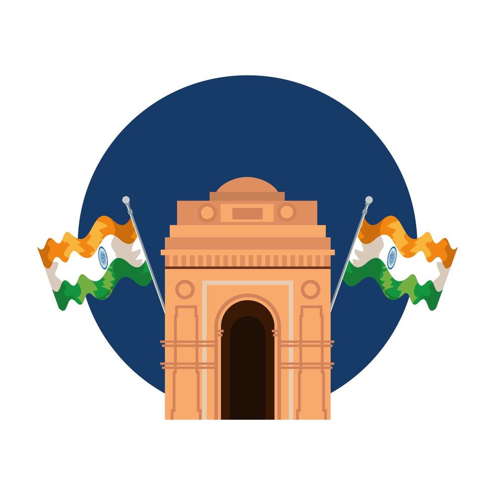 Monumento de arco de puerta india con banderas vector