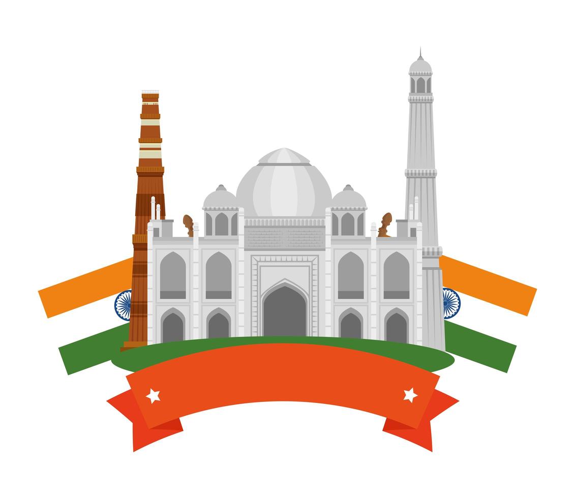 edificio indio taj mahal con banderas vector