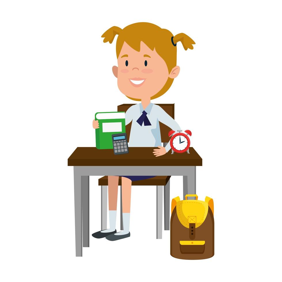 happy student girl with supplies seated in school desk vector
