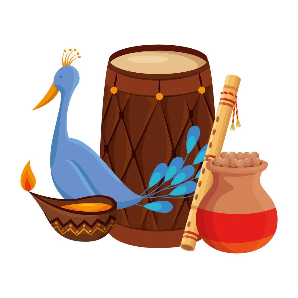 indian drum with candle and peacock vector