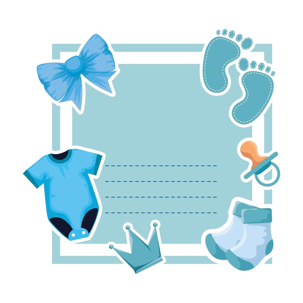 tarjeta de baby shower con ropa y huella. vector