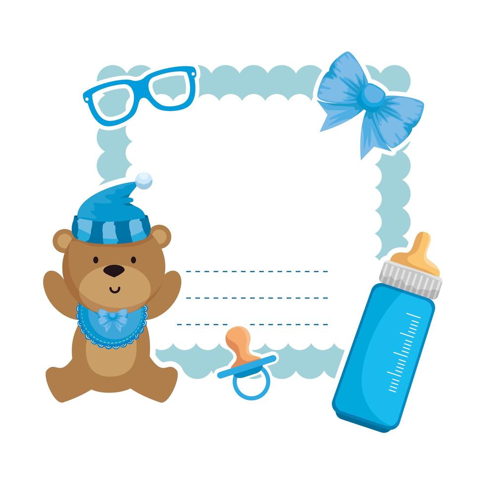 baby shower card with bear teddy and bottle milk vector