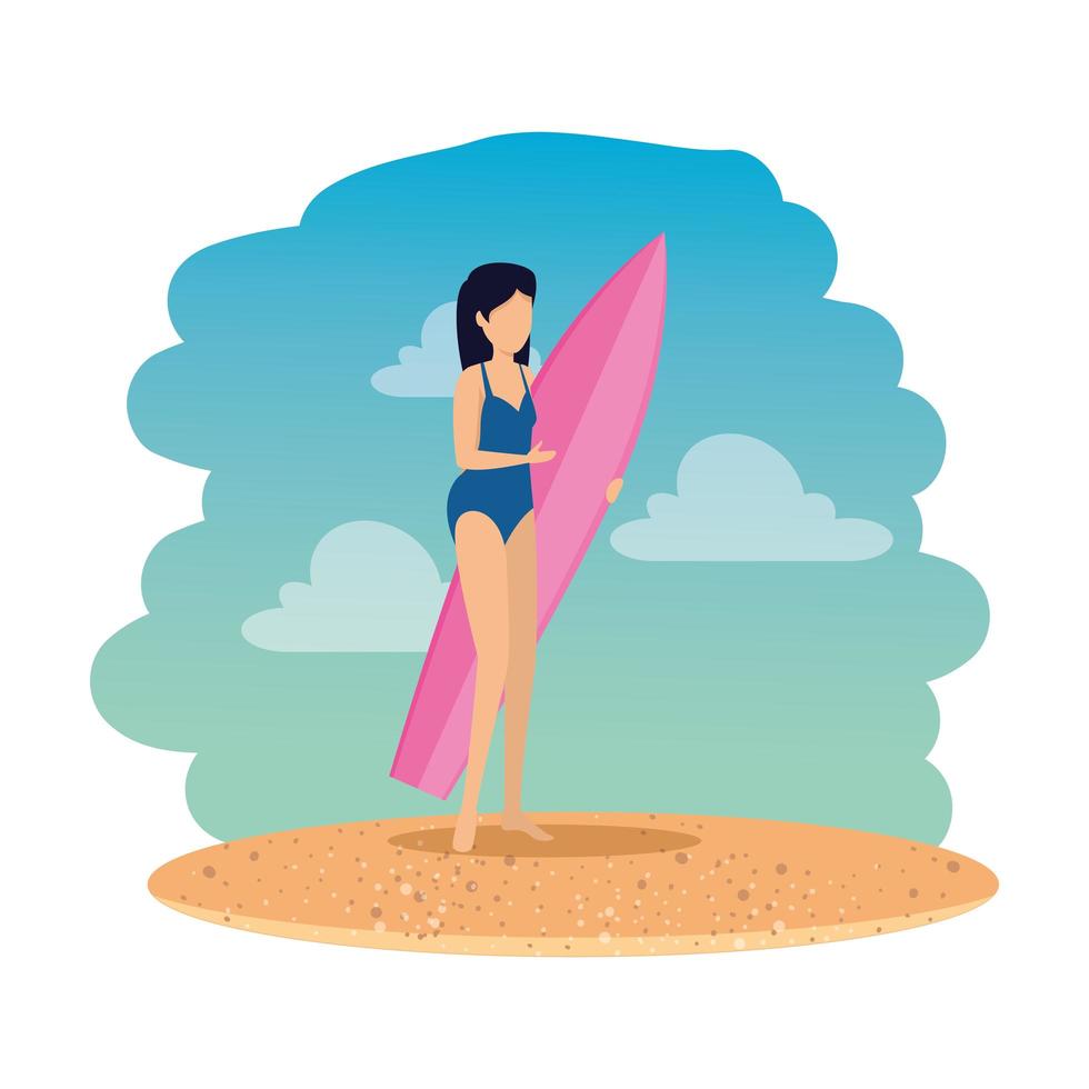 mujer con traje de baño y tabla de surf en la playa vector