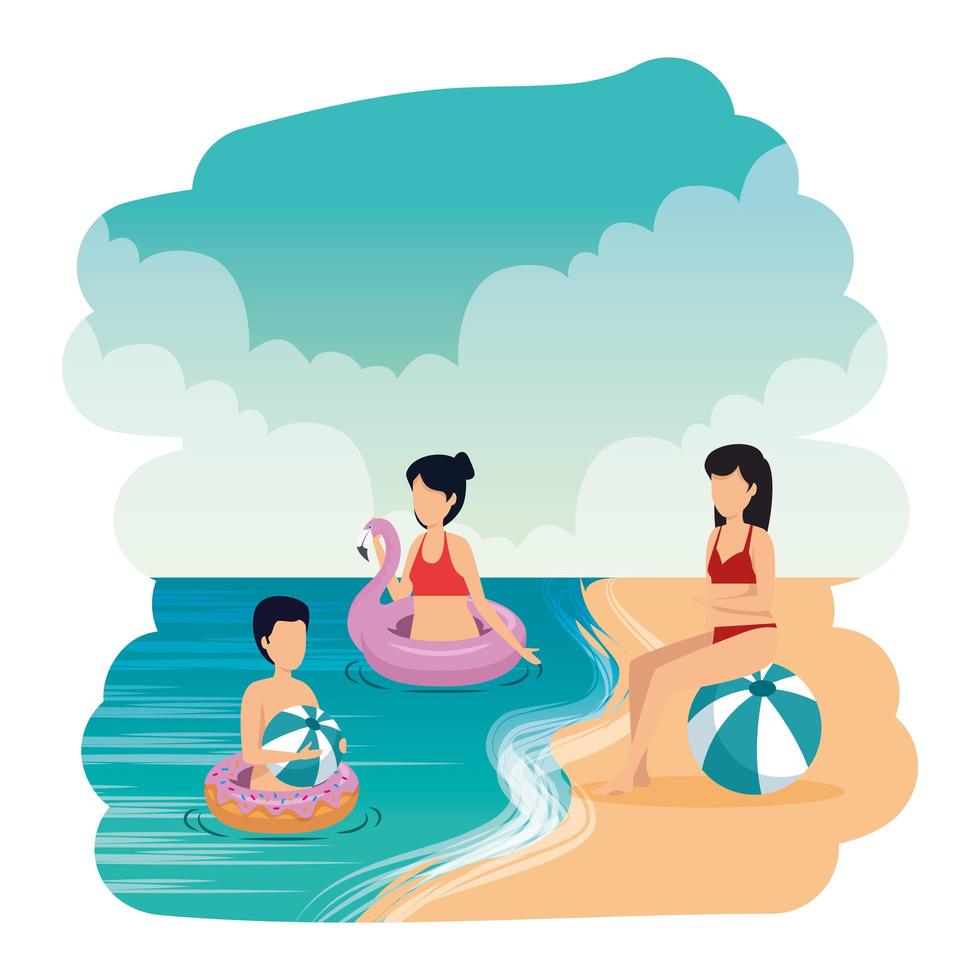 young people with balloon and float on the beach vector