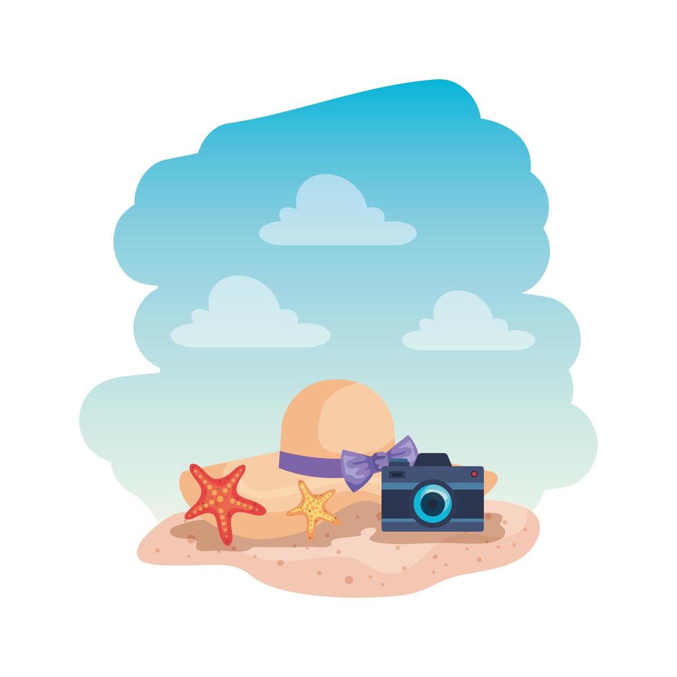 summer female hat with camera photographic and starfish vector