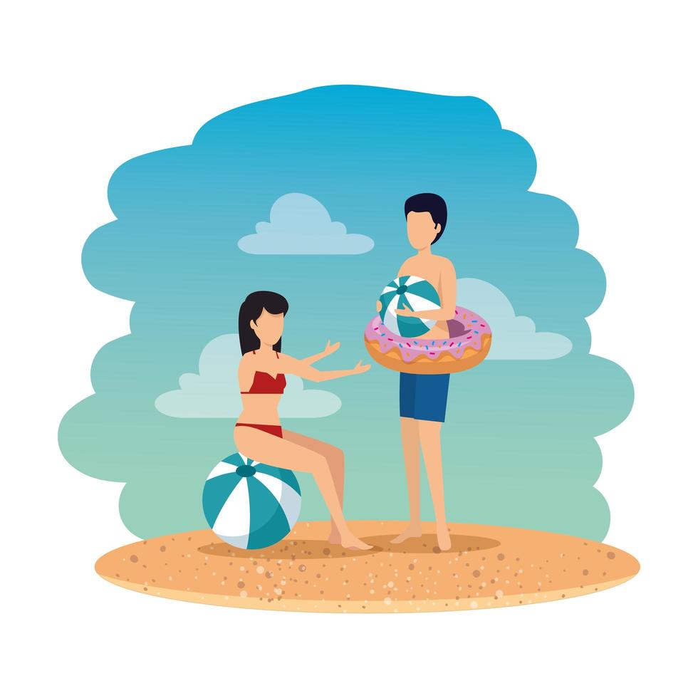 young couple with balloon and float on the beach vector