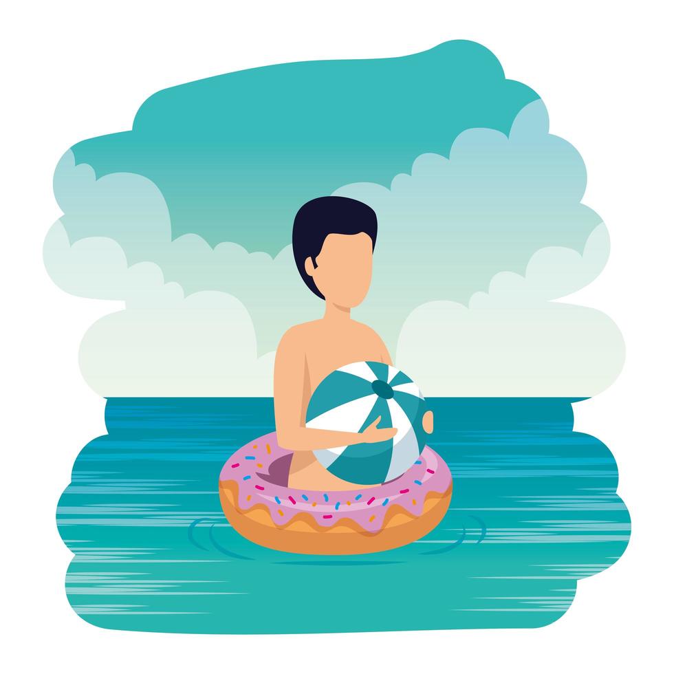 young man with float donut and balloon plastic on the sea vector
