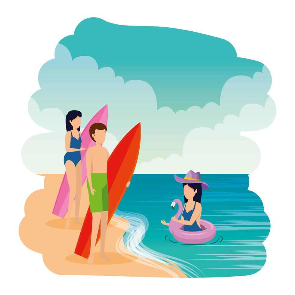 young people with swimsuit and surfboard on the beach vector