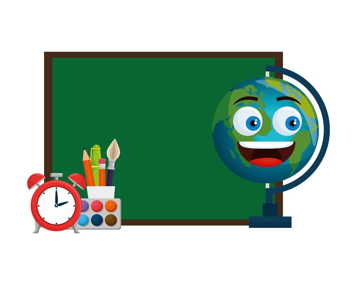 school chalkboard with world map kawaii and supplies vector