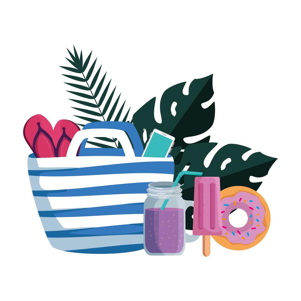 summer leafs plants with beach bag and set icons vector