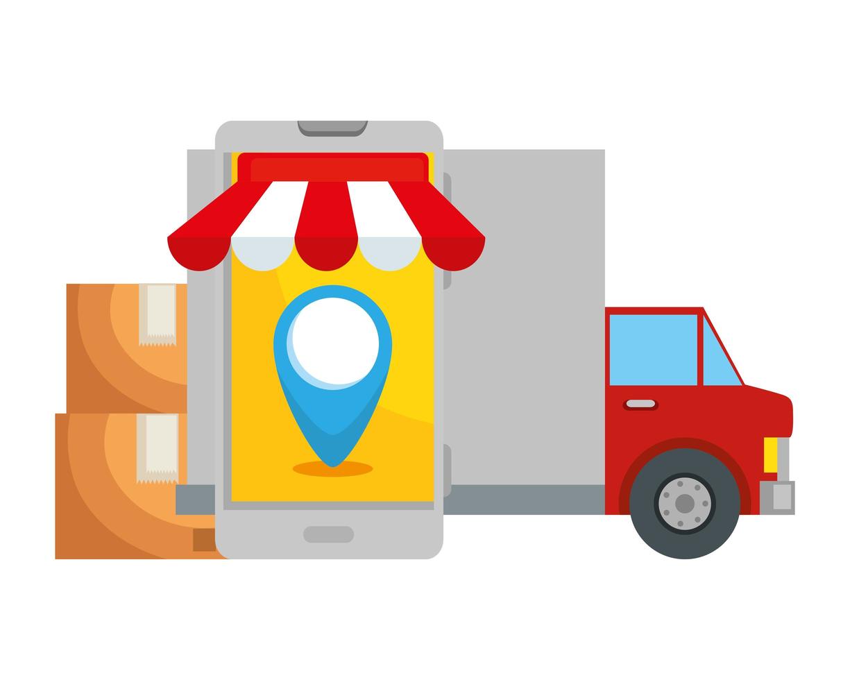 delivery service truck with smartphone and boxes vector