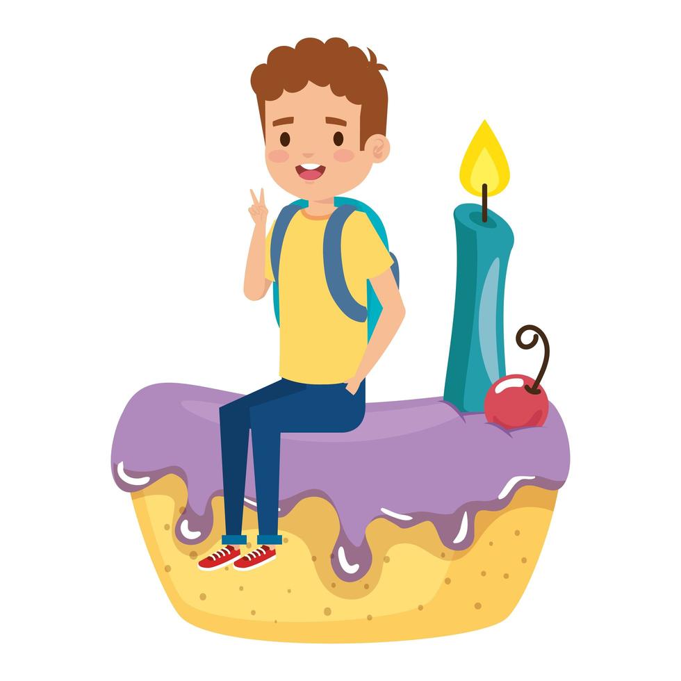 niño feliz sentado en la torta con vela vector