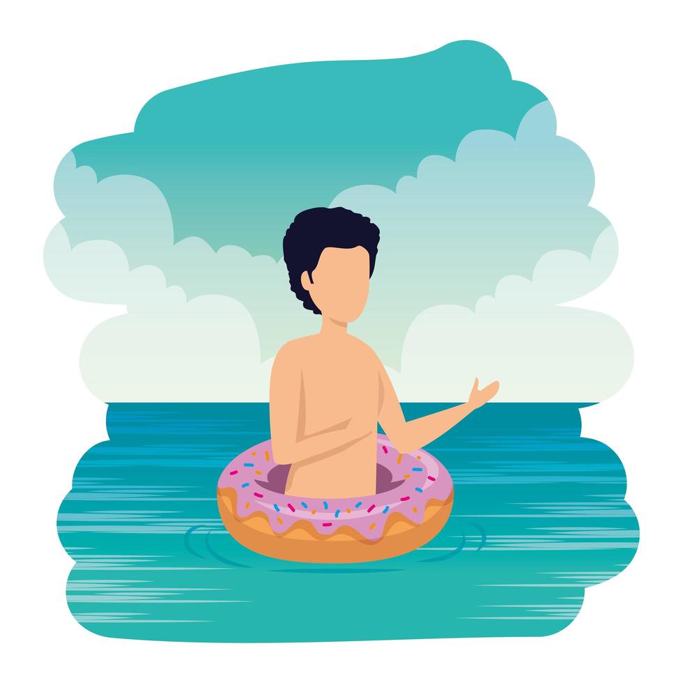 young man with swimsuit and float donut on the sea vector