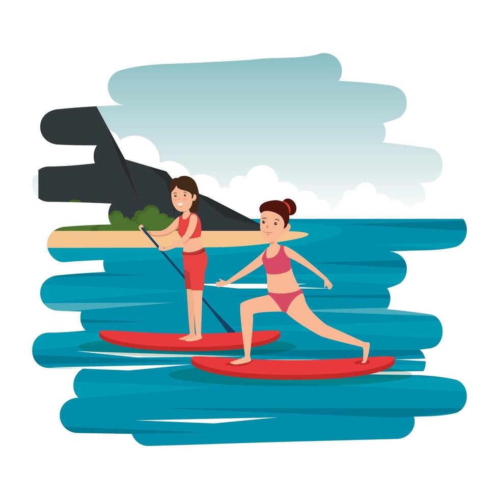 happy athletic girls practicing surf in the sea vector