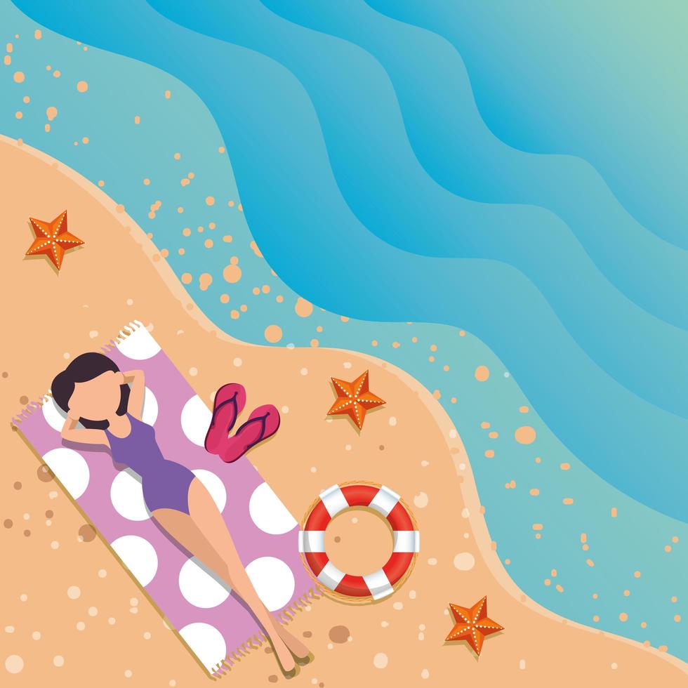 beautiful woman with swimsuit relaxing in towel on the beach vector