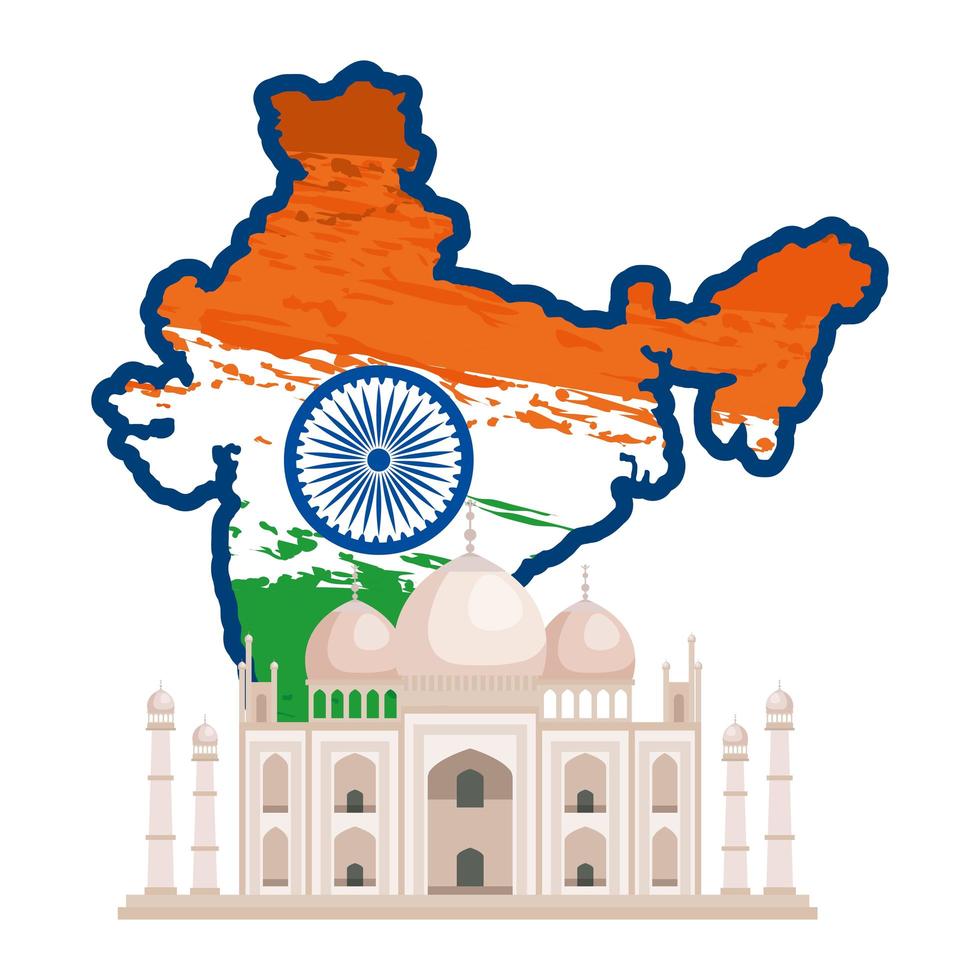 mapa con bandera india y edificio taj majal vector