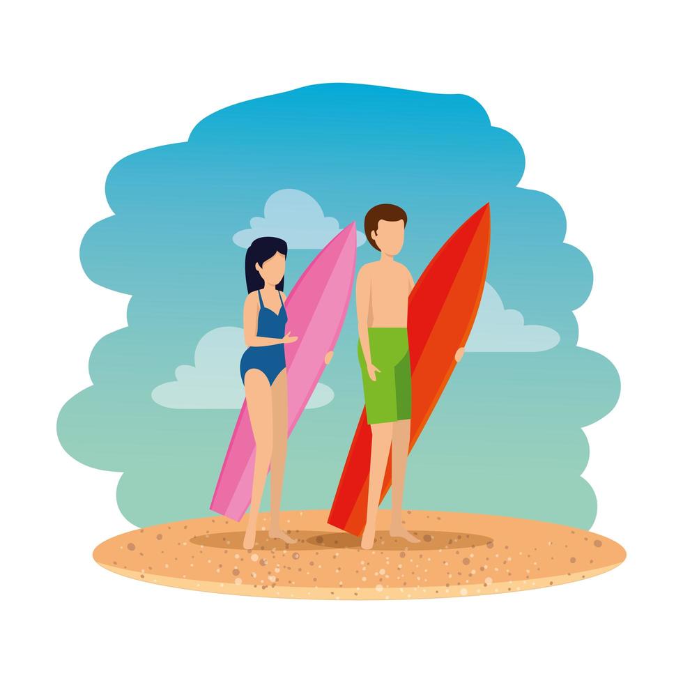 young couple with swimsuit and surfboard on the beach vector