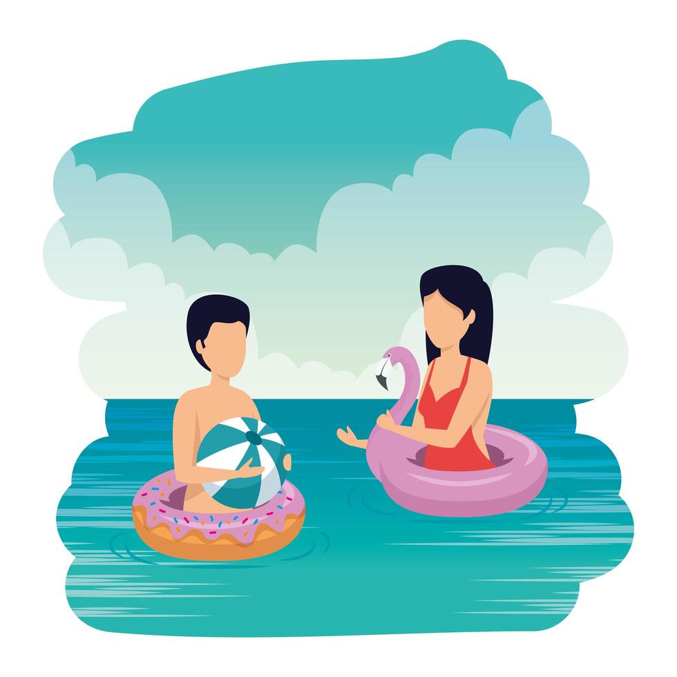 young couple with balloon and float on the beach vector