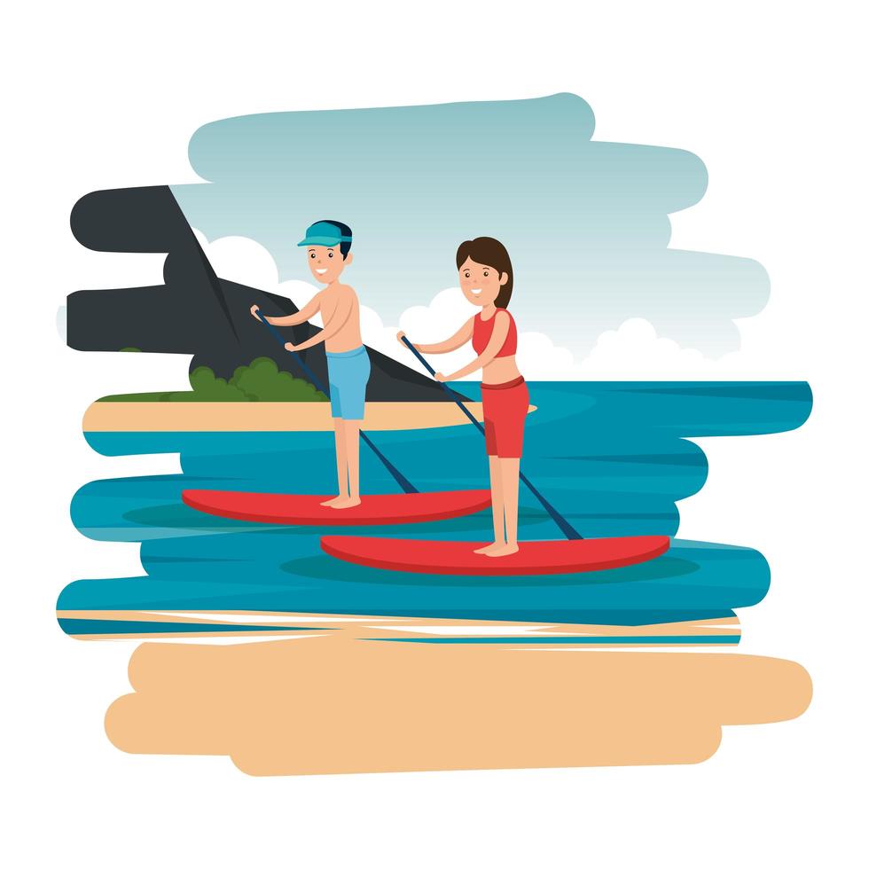 happy athletic couple practicing surf in the sea vector