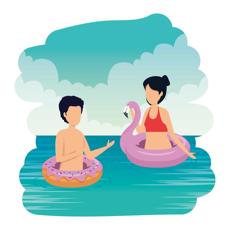 pareja joven con traje de baño en los personajes del mar vector