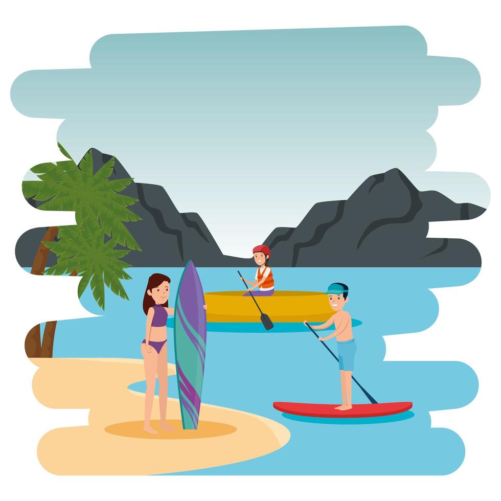 couple practicing surf sport and kayak on the beach vector