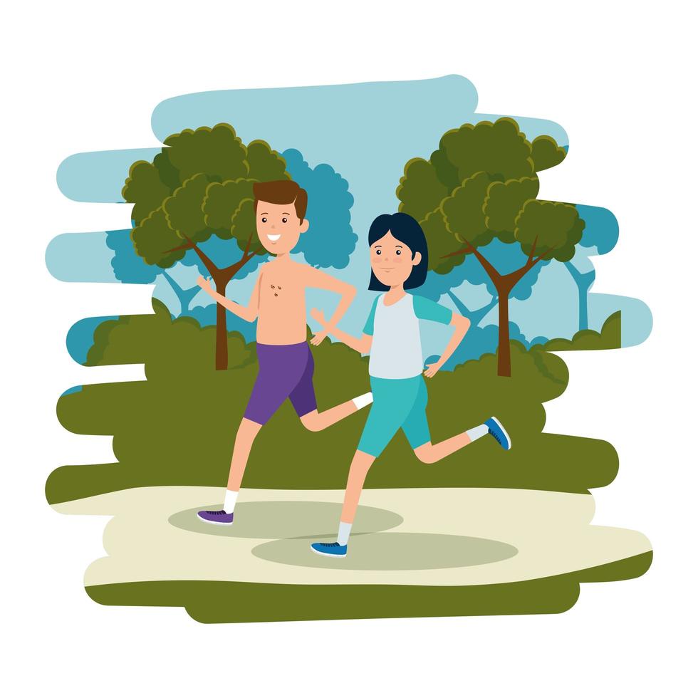 happy athletic couple running in the camp vector