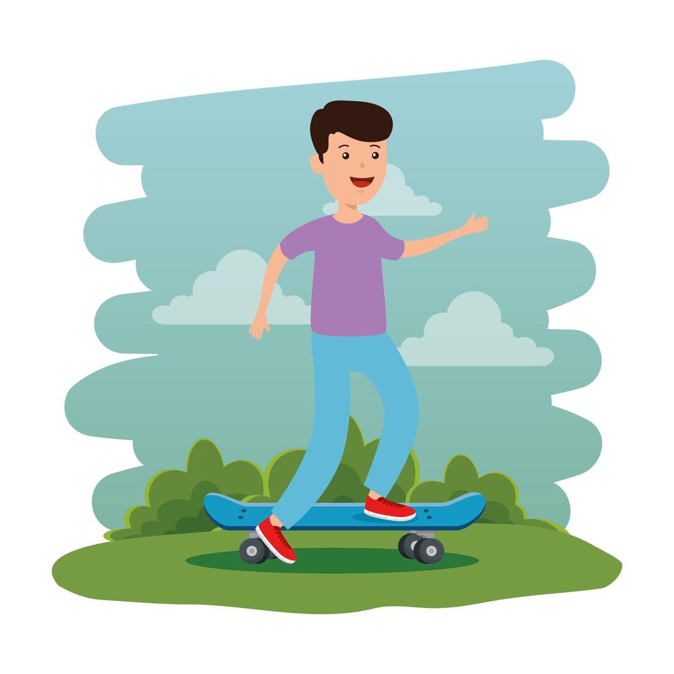 happy young boy in skateboard on the park scene vector