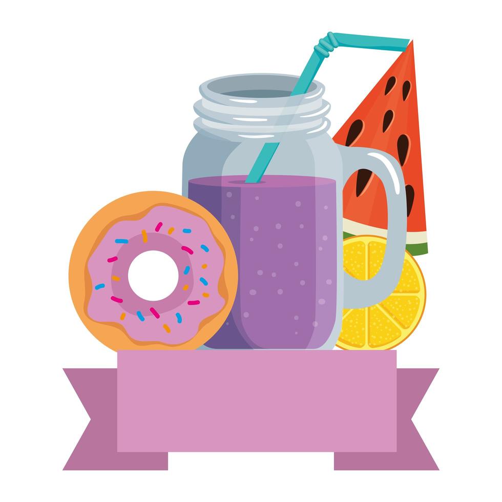 summer tropical cocktail with fruits and donut vector