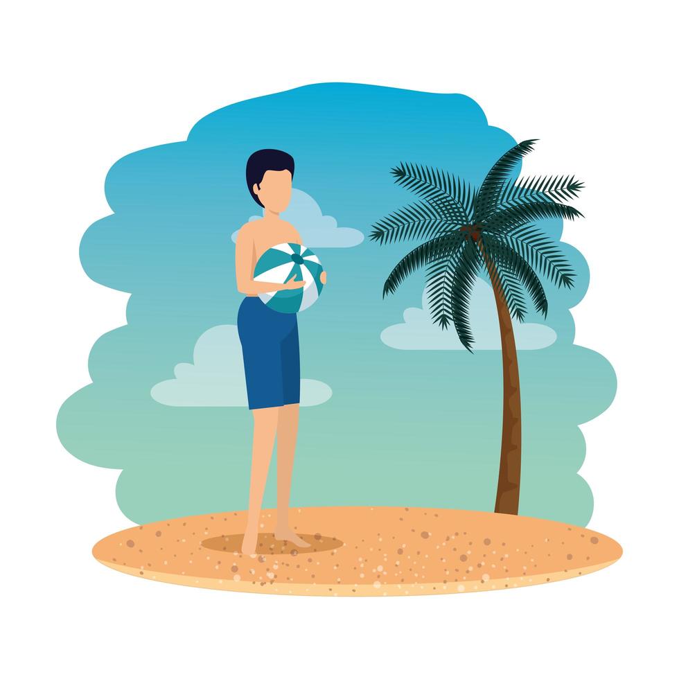 young man with swimsuit and balloon on the beach vector