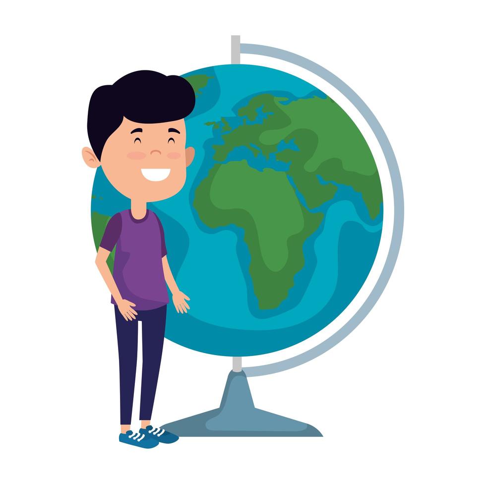 happy student boy with world map supply vector