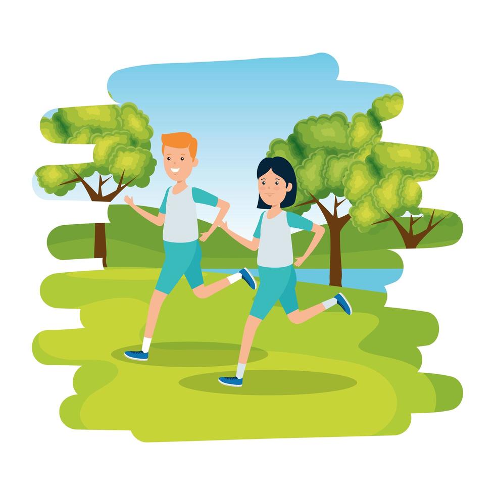 happy athletic couple running in the camp vector