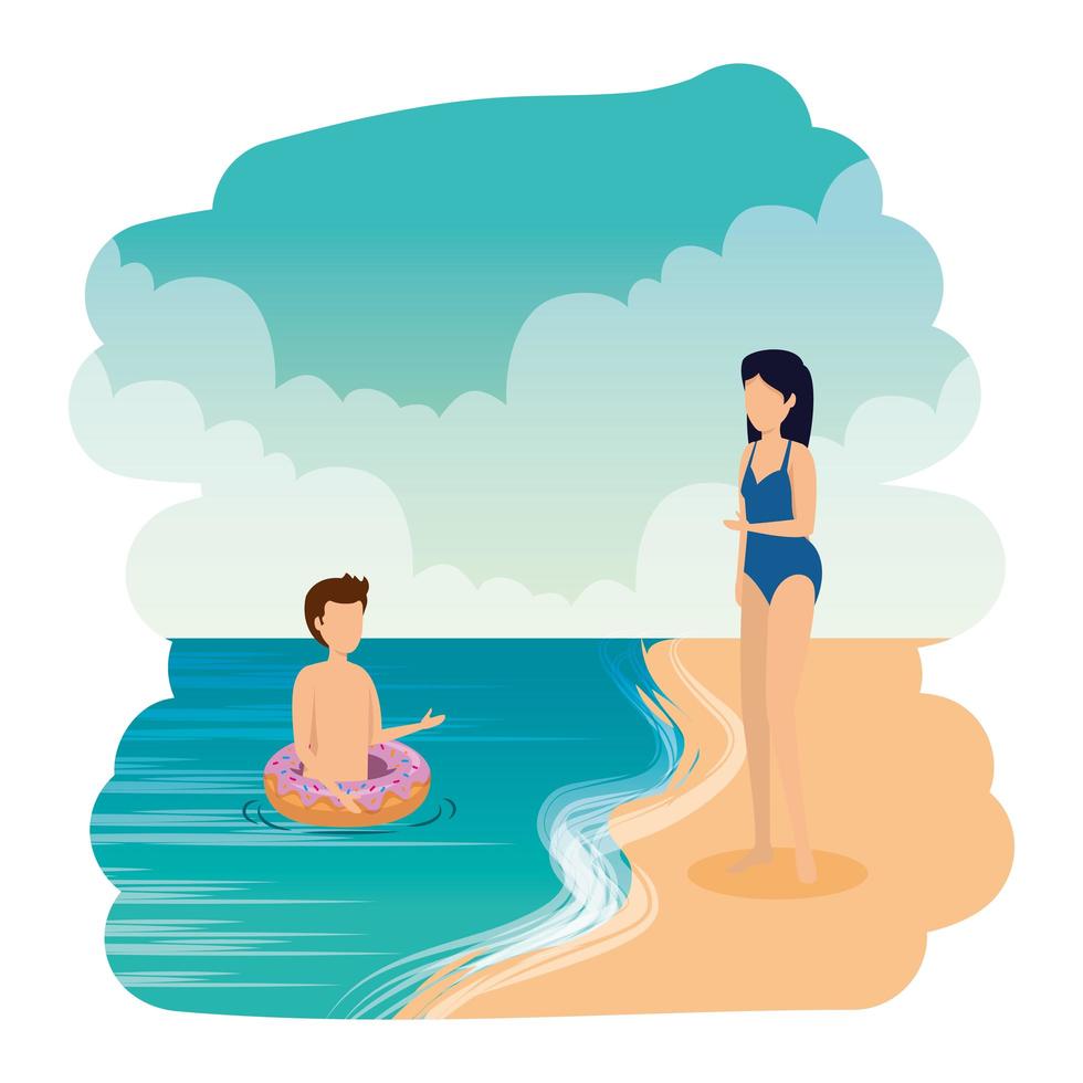 pareja joven, con, flotadores, en la playa vector