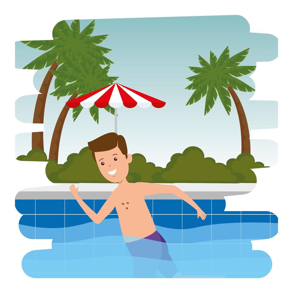 Hombre nadando en la piscina con escena de sombrilla vector