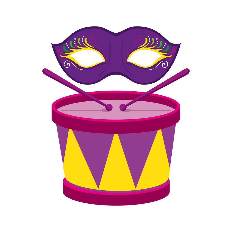 Diseño de vector de máscara y tambor de mardi gras aislado