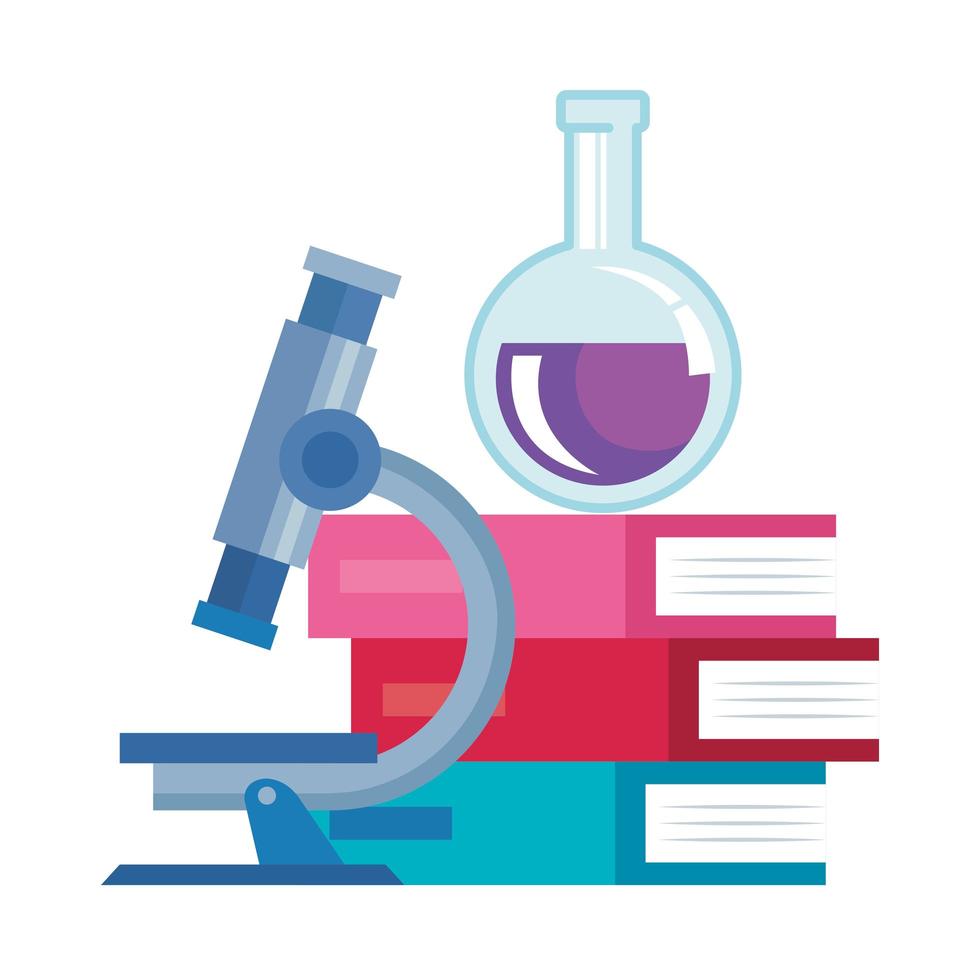 pile textbooks with tube test and microscope vector