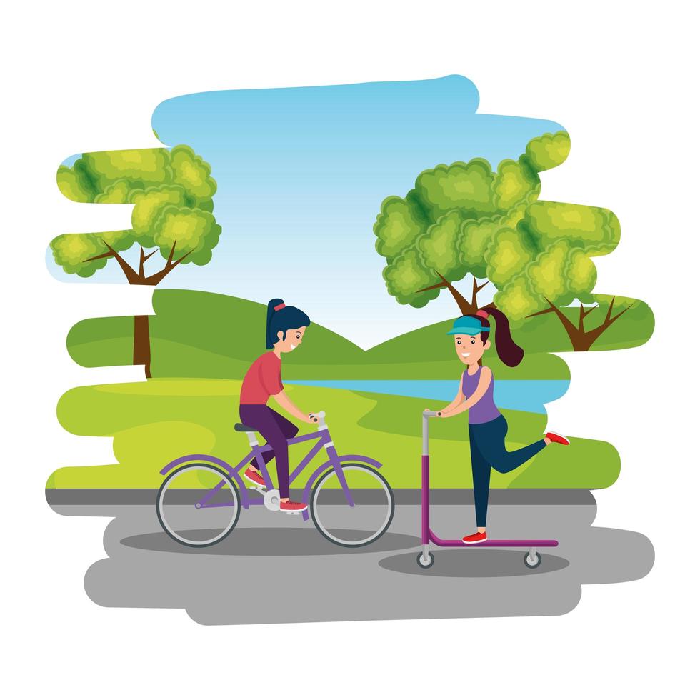 happy athletic girls in skateboard and bicycle on the park vector