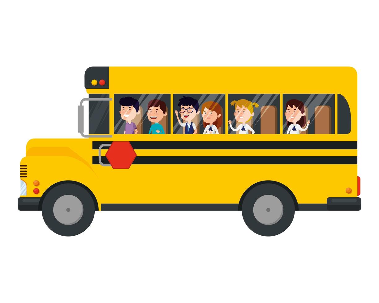 Transporte en autobús escolar con grupo de niños. vector